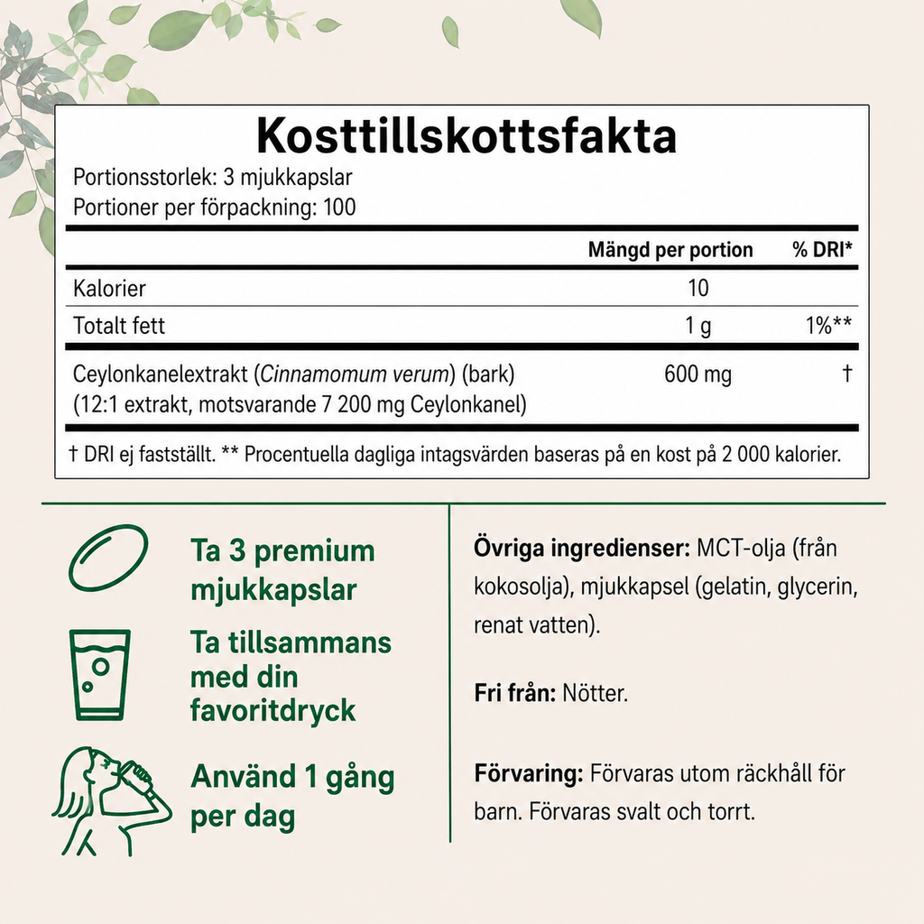 Ceylonkanel Extrakt 7 200 mg – 300 Mjukgelkapslar med MCT-olja