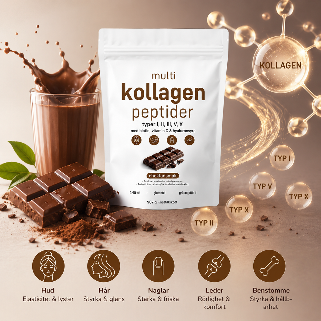 Multi Kollagenpeptider Chokladsmak – Hydrolyserat Kollagen (Typ I, II, III, V & X) – 907 g